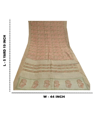 Sanskriti Vintage Sarees Green Screen Print Pure Silk Peacock Sari Craft Fabric, PR-58008-Green-Printed Floral Design-Pure Silk-8