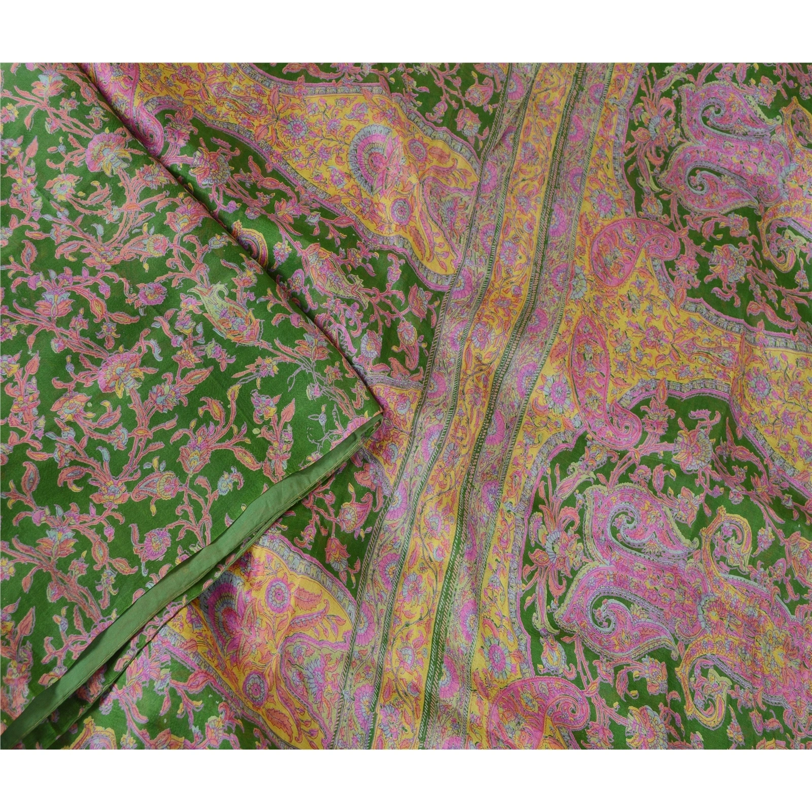 Sanskriti Vintage Green Sarees Indian Printed Pure Silk Sari 5Yd Craft Fabric, PR-58013-Green-Printed Floral Design-Pure Silk-2