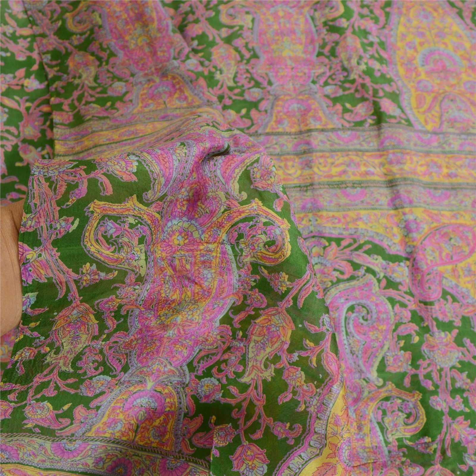 Sanskriti Vintage Green Sarees Indian Printed Pure Silk Sari 5Yd Craft Fabric, PR-58013-Green-Printed Floral Design-Pure Silk-5