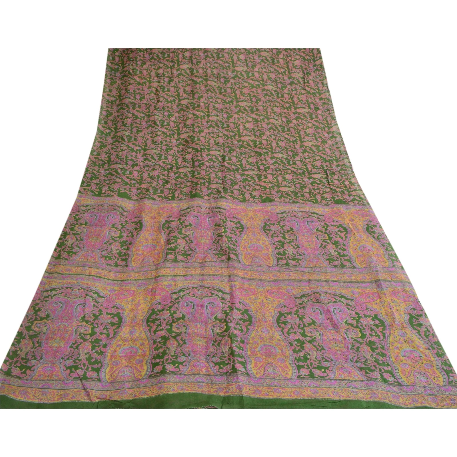 Sanskriti Vintage Green Sarees Indian Printed Pure Silk Sari 5Yd Craft Fabric, PR-58013-Green-Printed Floral Design-Pure Silk-7