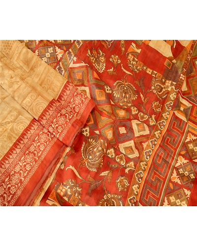 Sanskriti Vintage Golden Sarees Printed Pure Silk Sari Floral 5Yd Craft Fabric, PR-58024-Golden-Printed Floral Design-Pure Silk-1