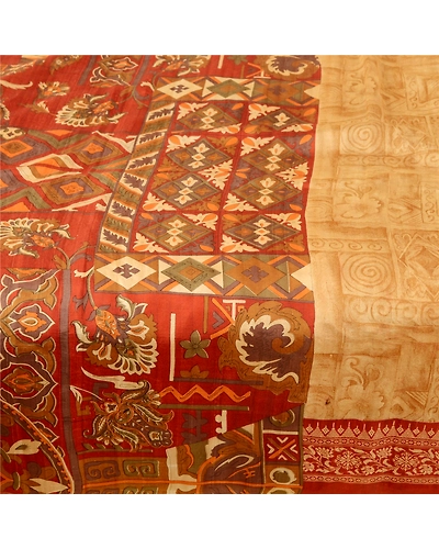 Sanskriti Vintage Golden Sarees Printed Pure Silk Sari Floral 5Yd Craft Fabric, PR-58024-Golden-Printed Floral Design-Pure Silk-3
