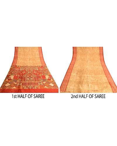 Sanskriti Vintage Golden Sarees Printed Pure Silk Sari Floral 5Yd Craft Fabric, PR-58024-Golden-Printed Floral Design-Pure Silk-4