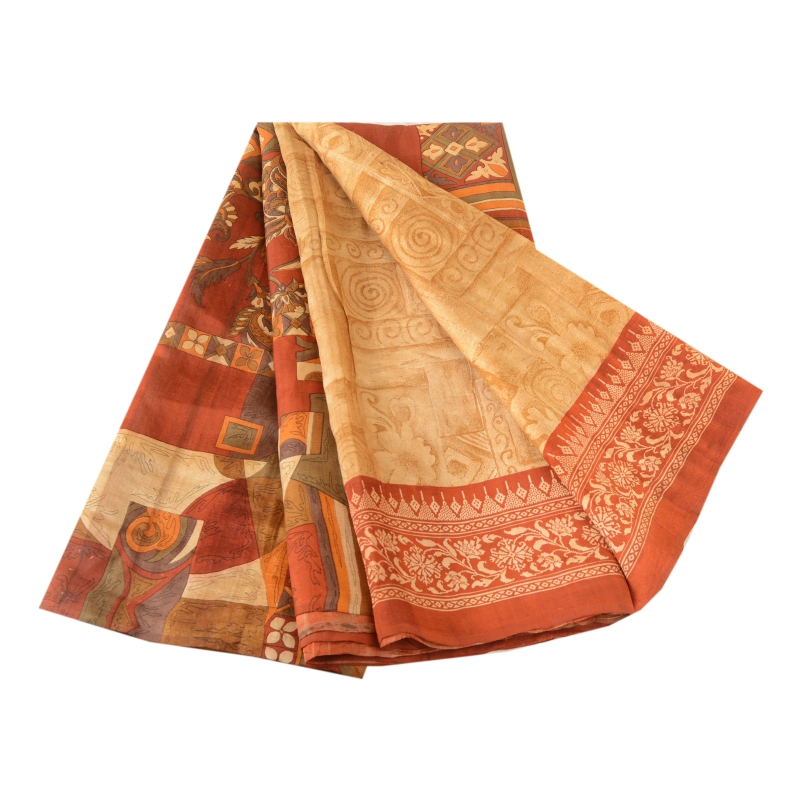 Sanskriti Vintage Golden Sarees Printed Pure Silk Sari Floral 5Yd Craft Fabric, PR-58024-Golden-Printed Floral Design-Pure Silk-6