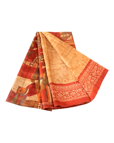 Sanskriti Vintage Golden Sarees Printed Pure Silk Sari Floral 5Yd Craft Fabric, PR-58024-Golden-Printed Floral Design-Pure Silk-6