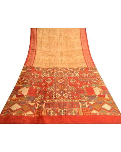 Sanskriti Vintage Golden Sarees Printed Pure Silk Sari Floral 5Yd Craft Fabric, PR-58024-Golden-Printed Floral Design-Pure Silk-7