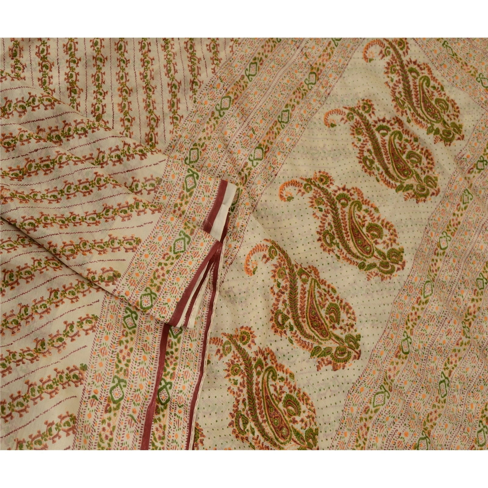 Sanskriti Vintage Ivory Sarees Printed Pure Silk Sari 5Yd Floral Craft Fabric, PR-58044-Ivory-Printed Floral Design-Pure Silk-1