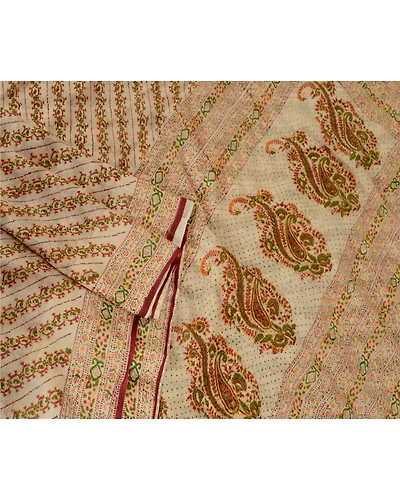 Sanskriti Vintage Ivory Sarees Printed Pure Silk Sari 5Yd Floral Craft Fabric, PR-58044-Ivory-Printed Floral Design-Pure Silk-1