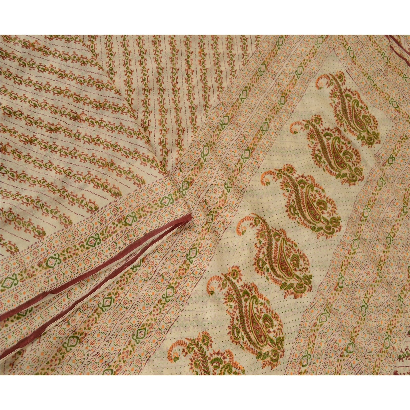 Sanskriti Vintage Ivory Sarees Printed Pure Silk Sari 5Yd Floral Craft Fabric, PR-58044-Ivory-Printed Floral Design-Pure Silk-2