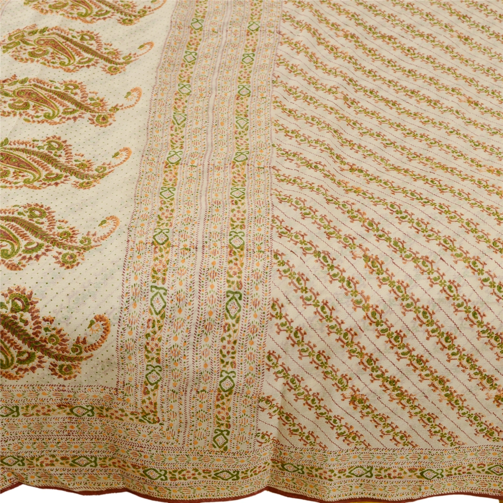 Sanskriti Vintage Ivory Sarees Printed Pure Silk Sari 5Yd Floral Craft Fabric, PR-58044-Ivory-Printed Floral Design-Pure Silk-3