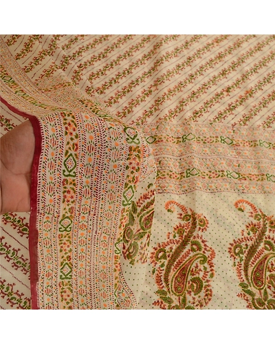 Sanskriti Vintage Ivory Sarees Printed Pure Silk Sari 5Yd Floral Craft Fabric, PR-58044-Ivory-Printed Floral Design-Pure Silk-5