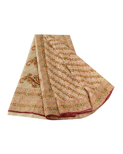 Sanskriti Vintage Ivory Sarees Printed Pure Silk Sari 5Yd Floral Craft Fabric, PR-58044-Ivory-Printed Floral Design-Pure Silk-6