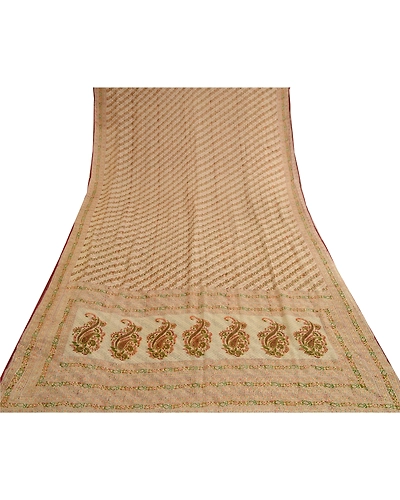 Sanskriti Vintage Ivory Sarees Printed Pure Silk Sari 5Yd Floral Craft Fabric, PR-58044-Ivory-Printed Floral Design-Pure Silk-7