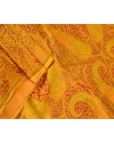 Sanskriti Vintage Mustard Yellow Sarees Printed Pure Silk Sari 5Yd Sewing Fabric, PR-58056-Mustard Yellow-Printed Floral Design-Pure Silk-1