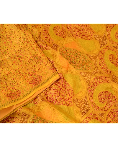 Sanskriti Vintage Mustard Yellow Sarees Printed Pure Silk Sari 5Yd Sewing Fabric, PR-58056-Mustard Yellow-Printed Floral Design-Pure Silk-2