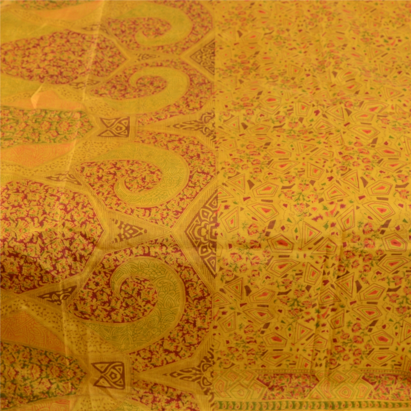 Sanskriti Vintage Mustard Yellow Sarees Printed Pure Silk Sari 5Yd Sewing Fabric, PR-58056-Mustard Yellow-Printed Floral Design-Pure Silk-3