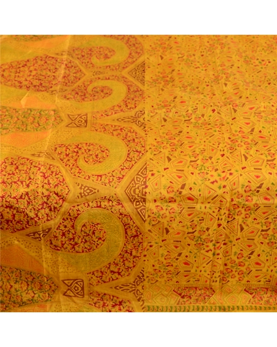 Sanskriti Vintage Mustard Yellow Sarees Printed Pure Silk Sari 5Yd Sewing Fabric, PR-58056-Mustard Yellow-Printed Floral Design-Pure Silk-3