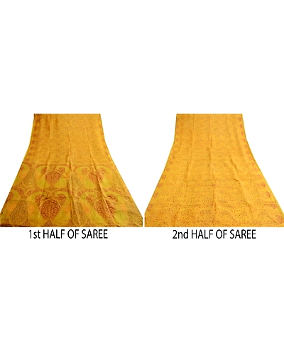 Sanskriti Vintage Mustard Yellow Sarees Printed Pure Silk Sari 5Yd Sewing Fabric, PR-58056-Mustard Yellow-Printed Floral Design-Pure Silk-4
