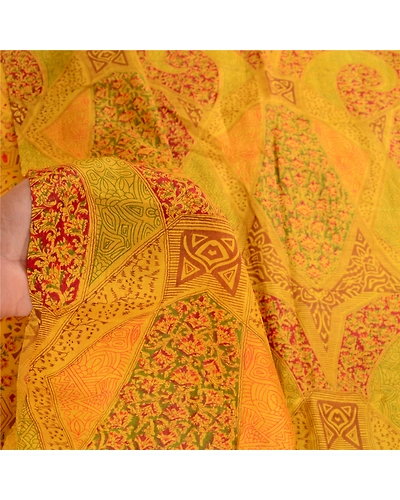 Sanskriti Vintage Mustard Yellow Sarees Printed Pure Silk Sari 5Yd Sewing Fabric, PR-58056-Mustard Yellow-Printed Floral Design-Pure Silk-5