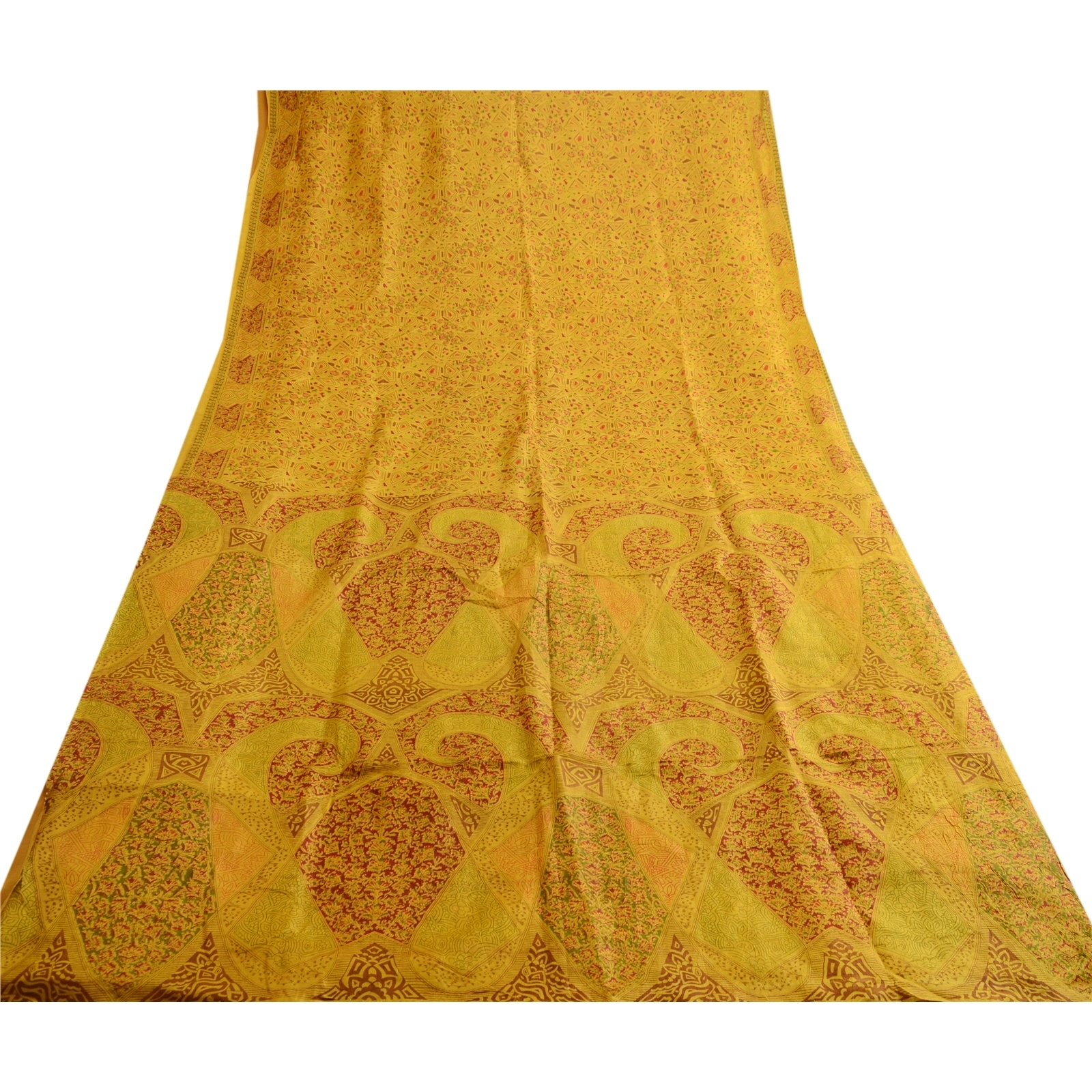 Sanskriti Vintage Mustard Yellow Sarees Printed Pure Silk Sari 5Yd Sewing Fabric, PR-58056-Mustard Yellow-Printed Floral Design-Pure Silk-7