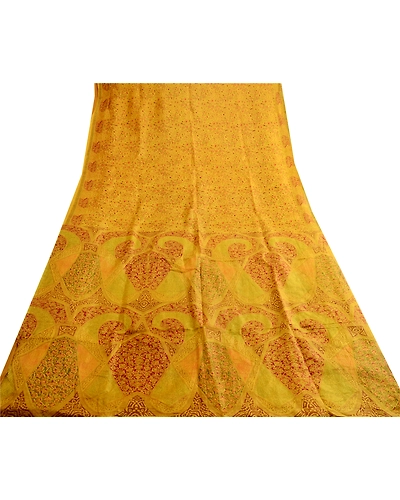 Sanskriti Vintage Mustard Yellow Sarees Printed Pure Silk Sari 5Yd Sewing Fabric, PR-58056-Mustard Yellow-Printed Floral Design-Pure Silk-7