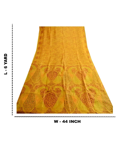 Sanskriti Vintage Mustard Yellow Sarees Printed Pure Silk Sari 5Yd Sewing Fabric, PR-58056-Mustard Yellow-Printed Floral Design-Pure Silk-8