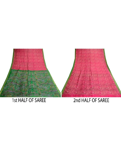 Sanskriti Vintage Pink Sarees Printed Zari Border Pure Silk Sari Craft Fabric, PR-58067-Pink-Printed Floral Design-Pure Silk-4