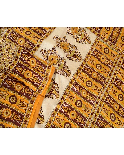Sanskriti Vintage Yellow Sarees Printed Pure Silk Sari Floral 5Yd Craft Fabric, PR-58070-Yellow-Printed Floral Design-Pure Silk-2