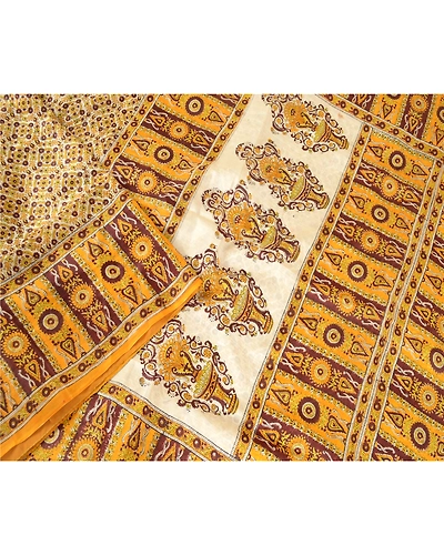 Sanskriti Vintage Yellow Sarees Printed Pure Silk Sari Floral 5Yd Craft Fabric, PR-58070-Yellow-Printed Floral Design-Pure Silk-3