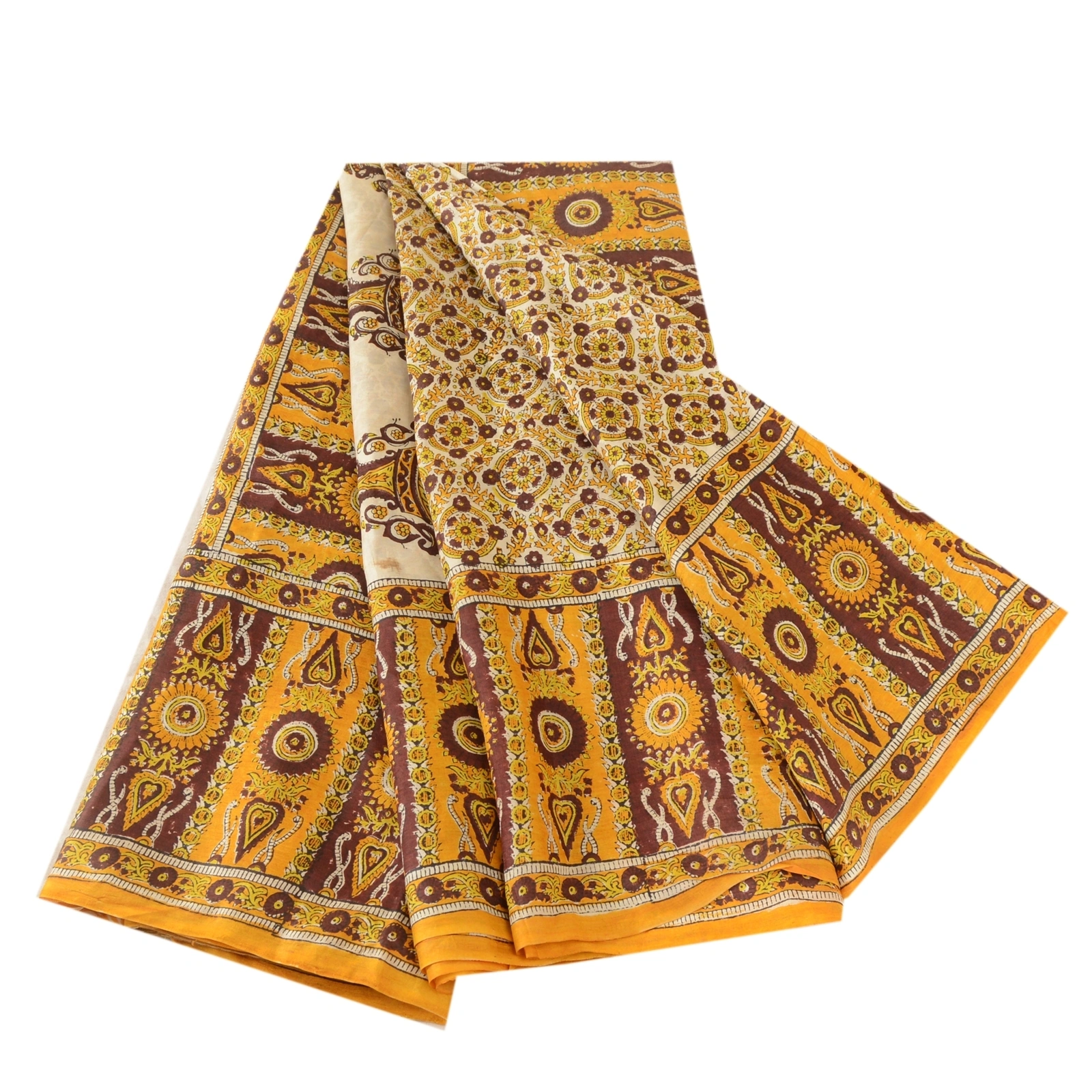 Sanskriti Vintage Yellow Sarees Printed Pure Silk Sari Floral 5Yd Craft Fabric, PR-58070-Yellow-Printed Floral Design-Pure Silk-7