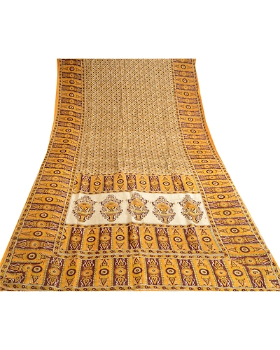 Sanskriti Vintage Yellow Sarees Printed Pure Silk Sari Floral 5Yd Craft Fabric, PR-58070-Yellow-Printed Floral Design-Pure Silk-8