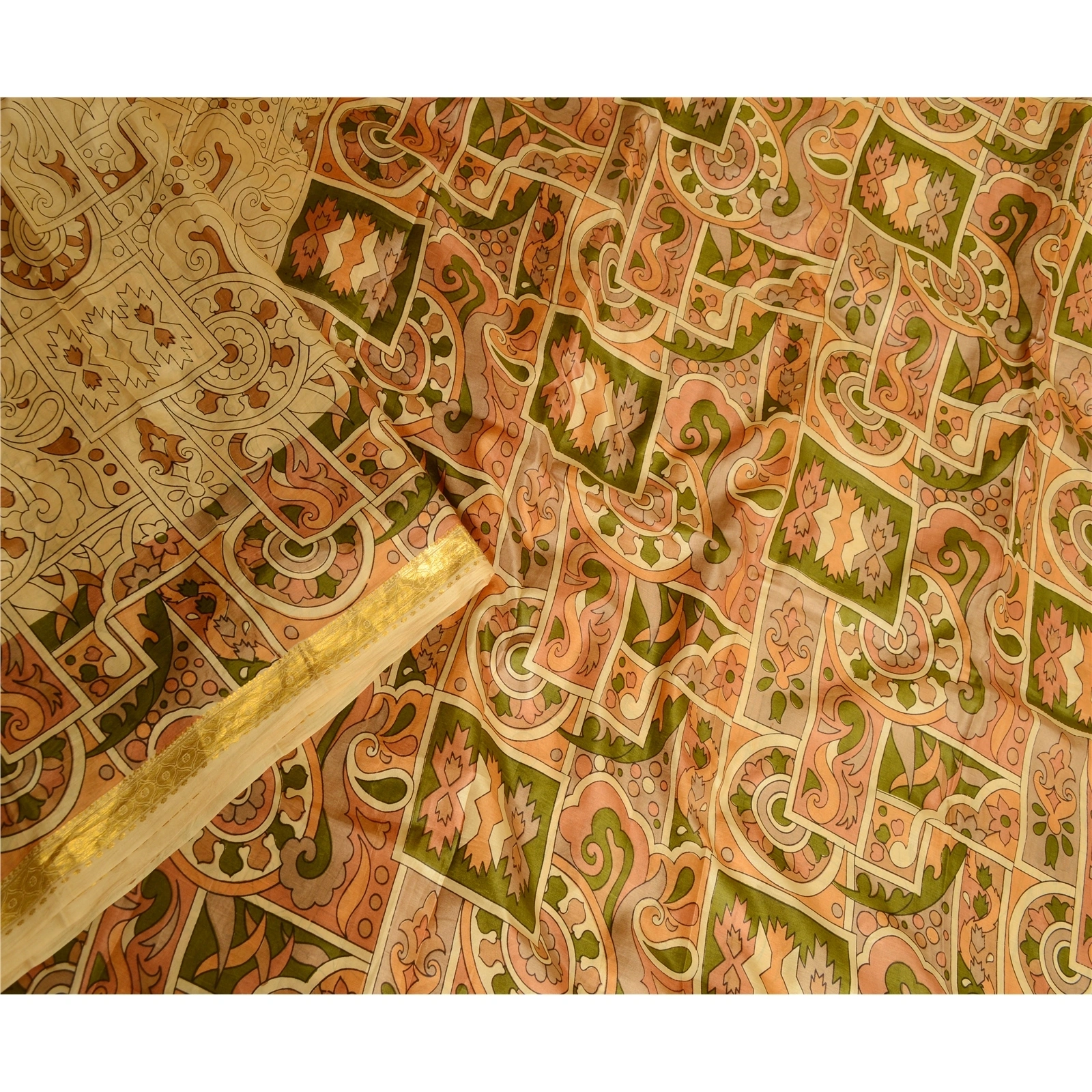 Sanskriti Vintage Beige Sarees Printed Pure Silk Sari Soft Floral Craft Fabric, PR-58079-Beige-Printed Floral Design-Pure Silk-2