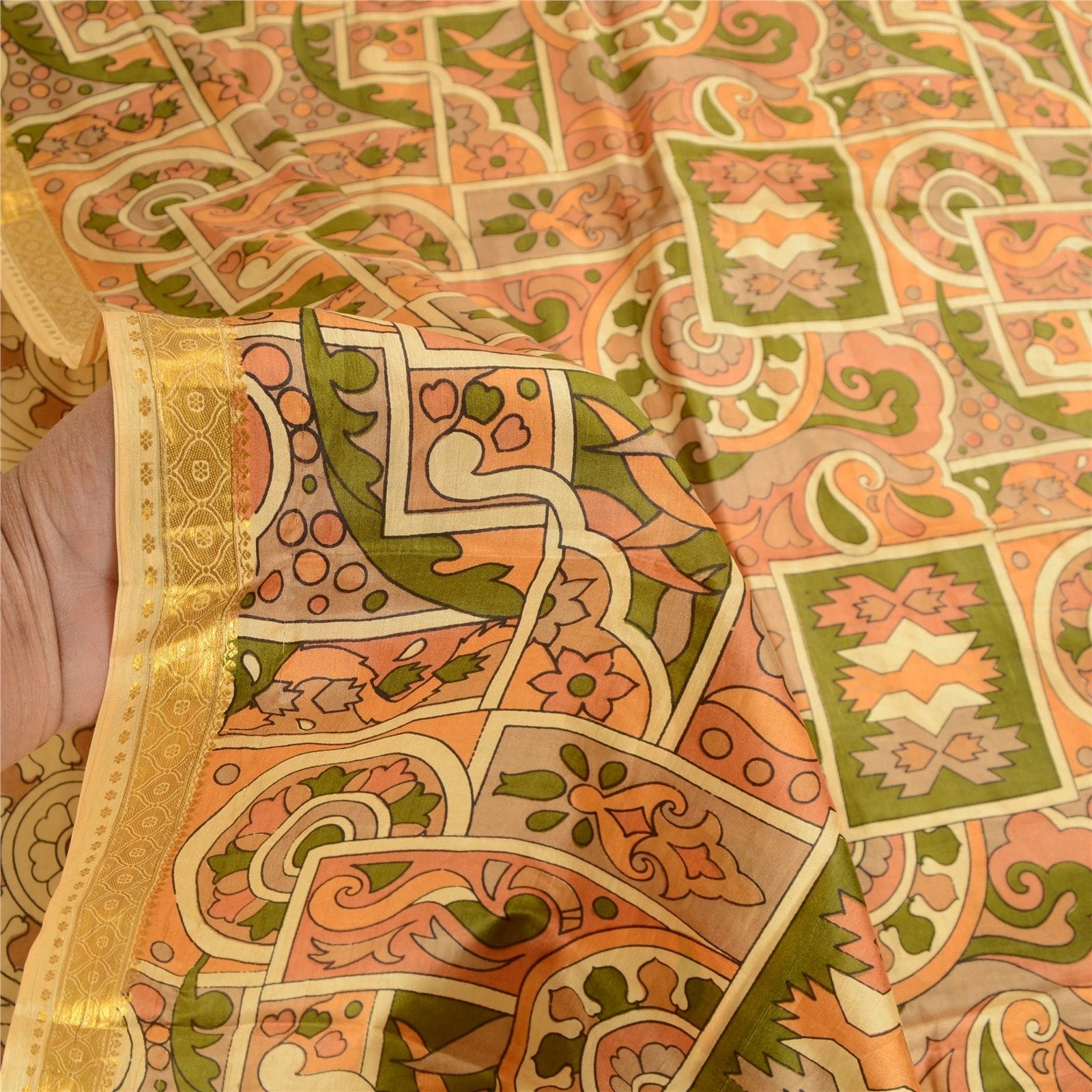 Sanskriti Vintage Beige Sarees Printed Pure Silk Sari Soft Floral Craft Fabric, PR-58079-Beige-Printed Floral Design-Pure Silk-5