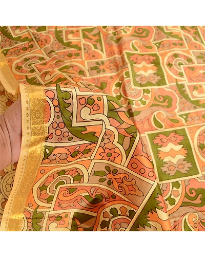 Sanskriti Vintage Beige Sarees Printed Pure Silk Sari Soft Floral Craft Fabric, PR-58079-Beige-Printed Floral Design-Pure Silk-5