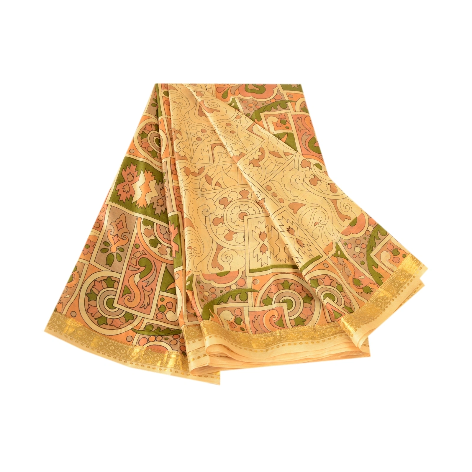 Sanskriti Vintage Beige Sarees Printed Pure Silk Sari Soft Floral Craft Fabric, PR-58079-Beige-Printed Floral Design-Pure Silk-6