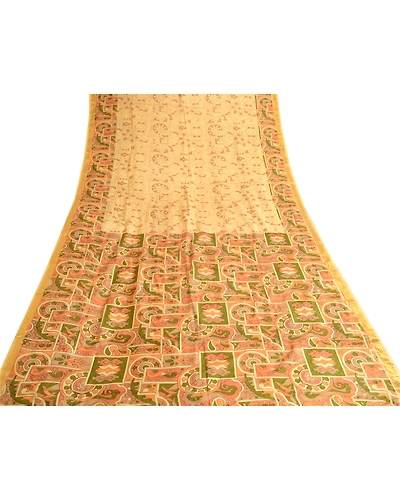 Sanskriti Vintage Beige Sarees Printed Pure Silk Sari Soft Floral Craft Fabric, PR-58079-Beige-Printed Floral Design-Pure Silk-7