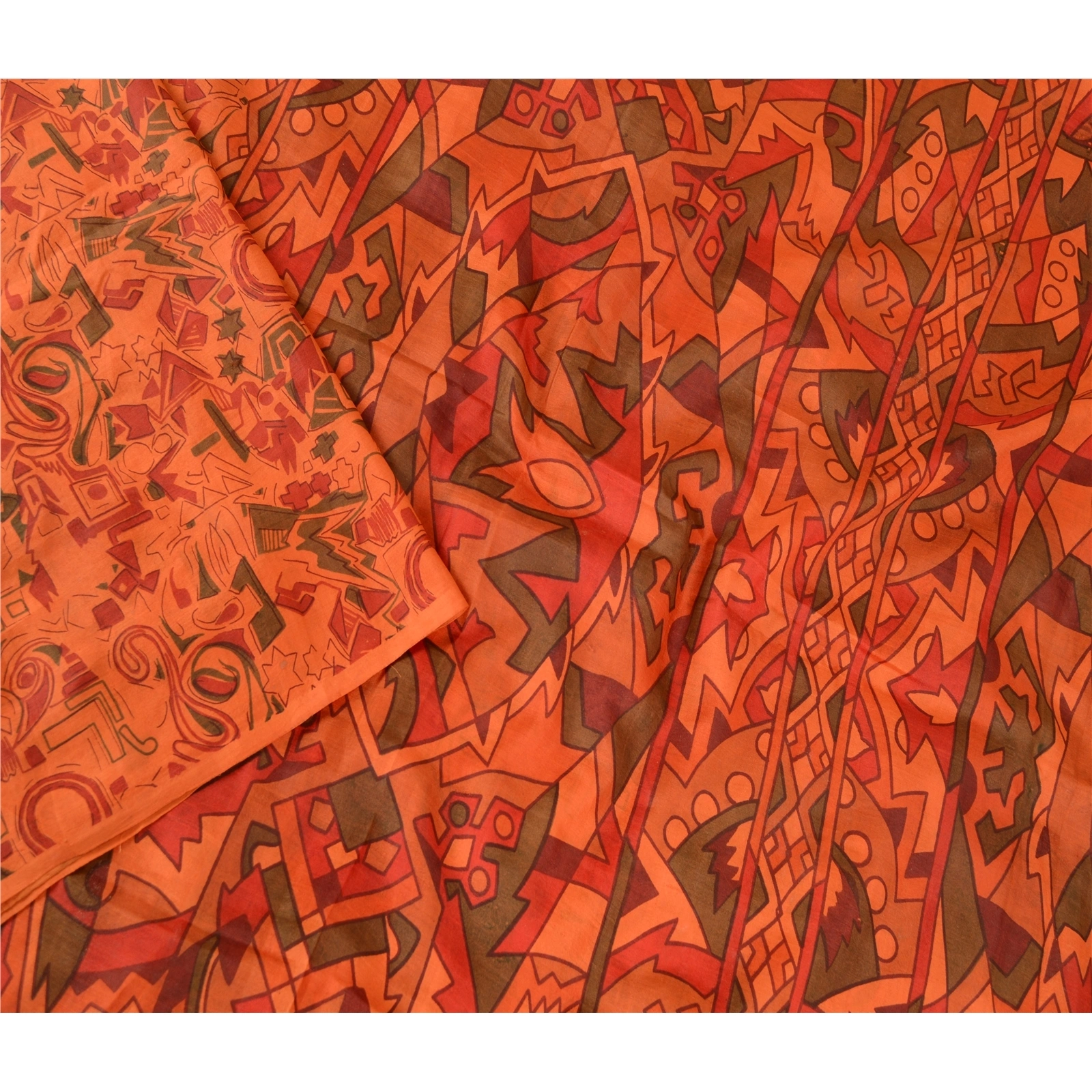 Sanskriti Vintage Orange Sarees Printed 100% Pure Silk Sari Soft Craft Fabric, PR-58085-Orange-Printed Floral Design-Pure Silk-2