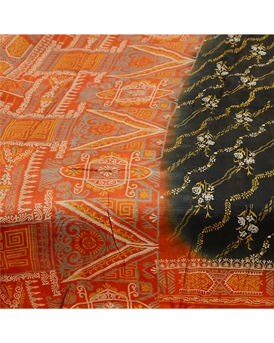 Sanskriti Vintage Black Sarees Printed Pure Silk Sari 5Yd Floral Craft Fabric, PR-58117-Black-Printed Floral Design-Pure Silk-3