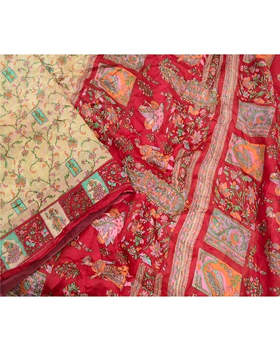 Sanskriti Vintage Ivory Sarees Pure Silk Indian Printed Sari 5Yd Craft Fabric, PR-58125-Ivory-Printed Floral Design-Pure Silk-2