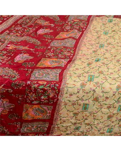 Sanskriti Vintage Ivory Sarees Pure Silk Indian Printed Sari 5Yd Craft Fabric, PR-58125-Ivory-Printed Floral Design-Pure Silk-3