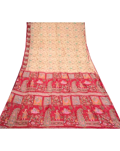 Sanskriti Vintage Ivory Sarees Pure Silk Indian Printed Sari 5Yd Craft Fabric, PR-58125-Ivory-Printed Floral Design-Pure Silk-7