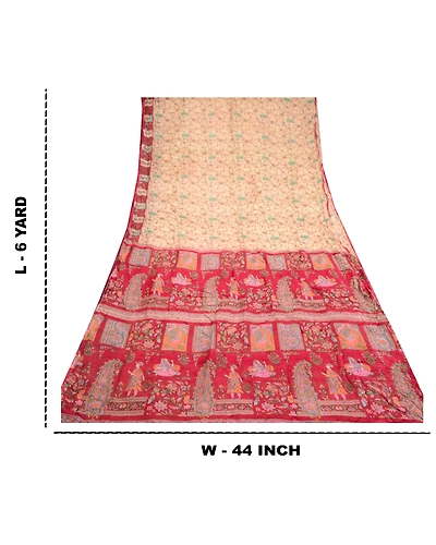 Sanskriti Vintage Ivory Sarees Pure Silk Indian Printed Sari 5Yd Craft Fabric, PR-58125-Ivory-Printed Floral Design-Pure Silk-8