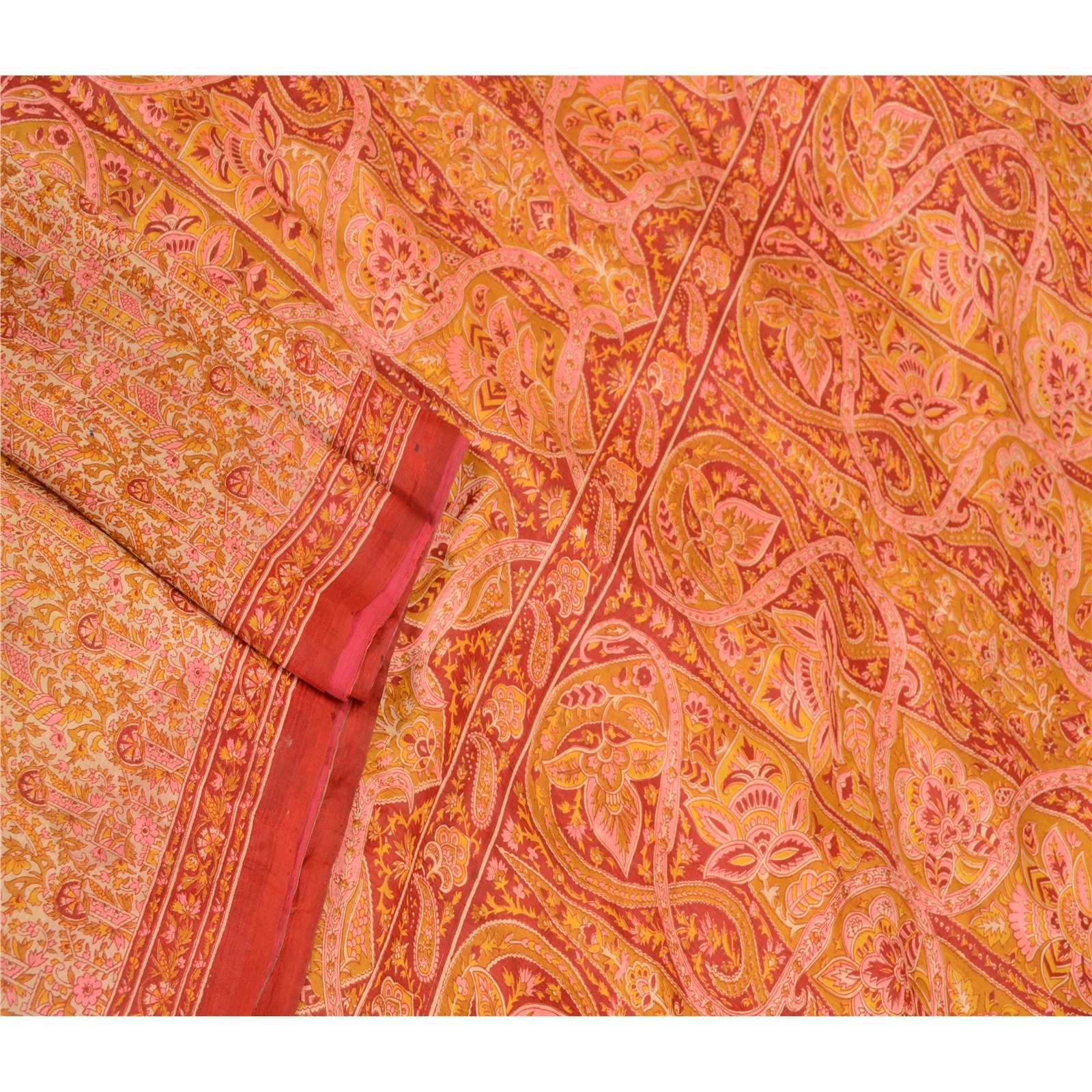 Sanskriti Vintage Mustard Indian Sarees 100% Pure Silk Printed Sari Craft Fabric, PR-58138-Mustard-100% Pure Silk-1