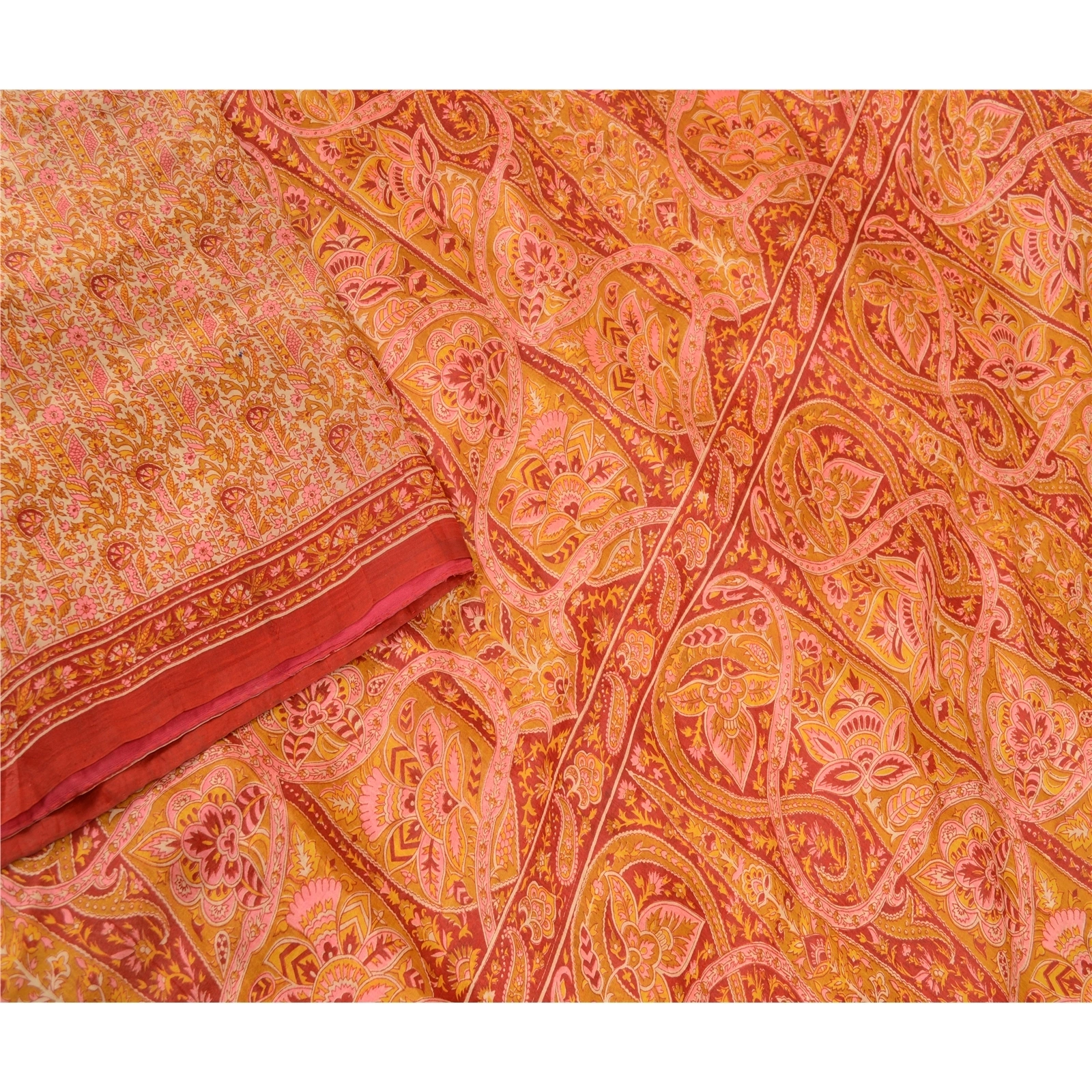 Sanskriti Vintage Mustard Indian Sarees 100% Pure Silk Printed Sari Craft Fabric, PR-58138-Mustard-100% Pure Silk-2