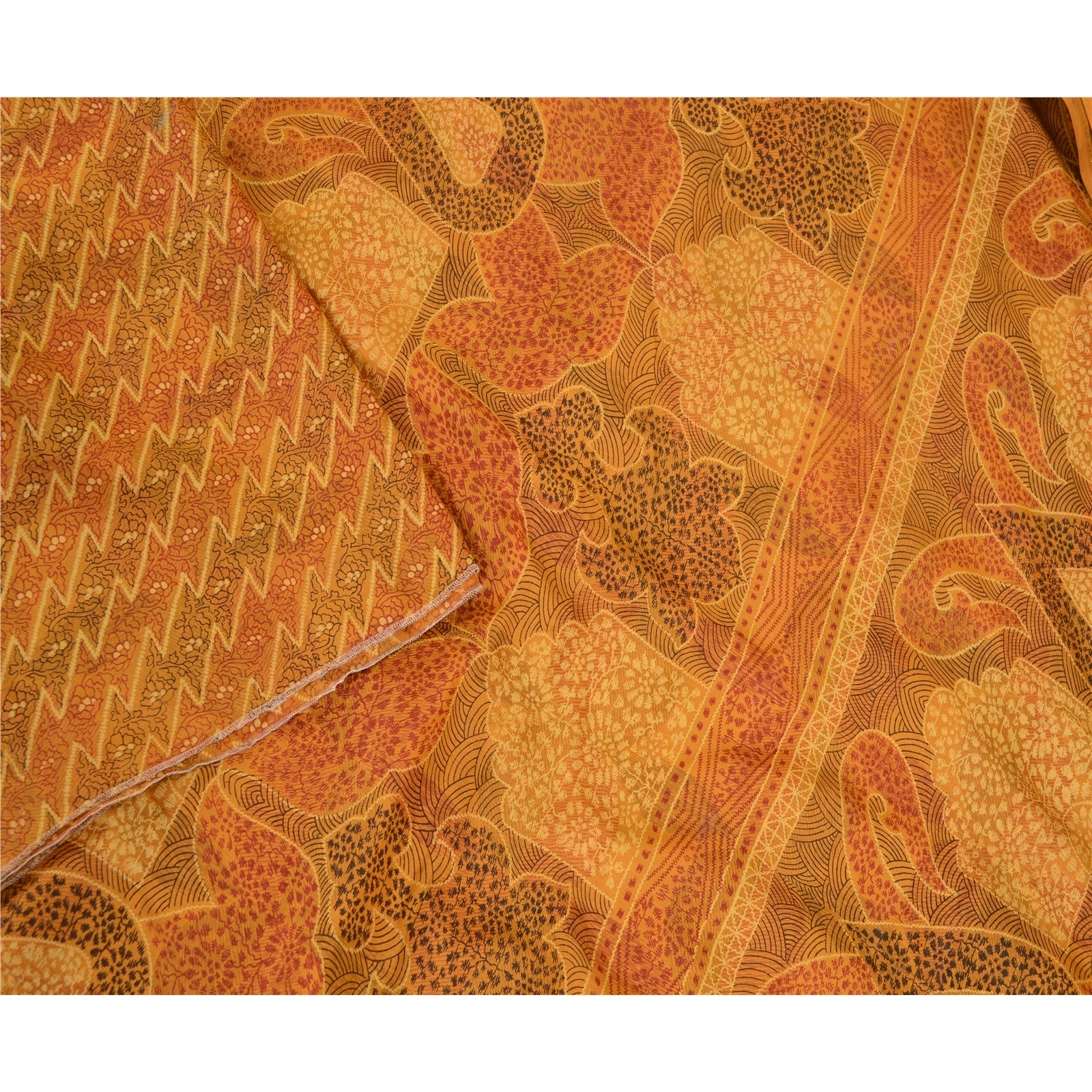 Sanskriti Vintage Mustard Indian Sarees 100% Pure Silk Printed Sari Craft Fabric, PR-58141-Mustard-100% Pure Silk-2