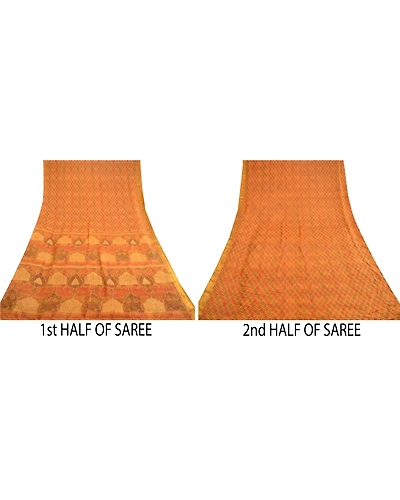 Sanskriti Vintage Mustard Indian Sarees 100% Pure Silk Printed Sari Craft Fabric, PR-58141-Mustard-100% Pure Silk-4
