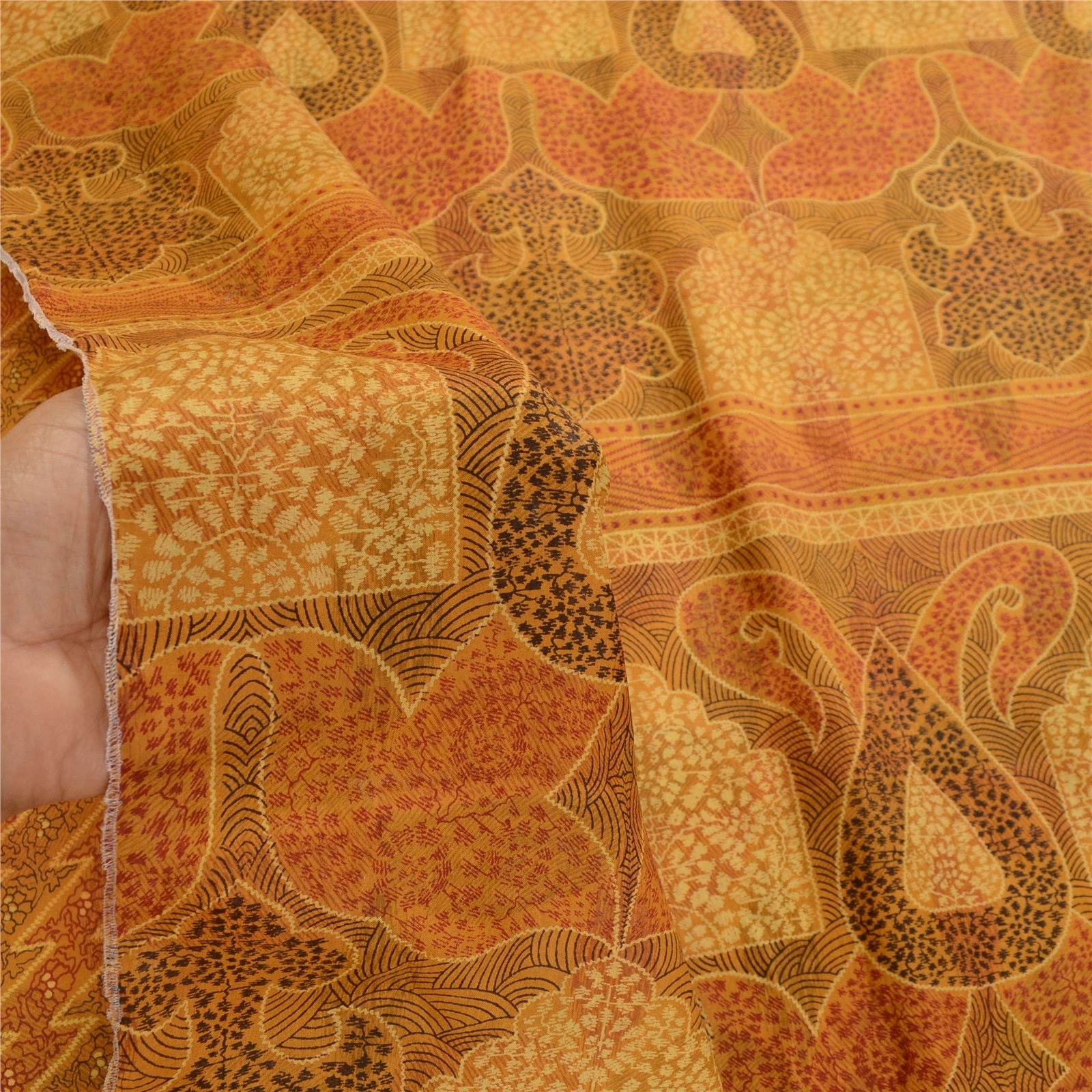 Sanskriti Vintage Mustard Indian Sarees 100% Pure Silk Printed Sari Craft Fabric, PR-58141-Mustard-100% Pure Silk-5