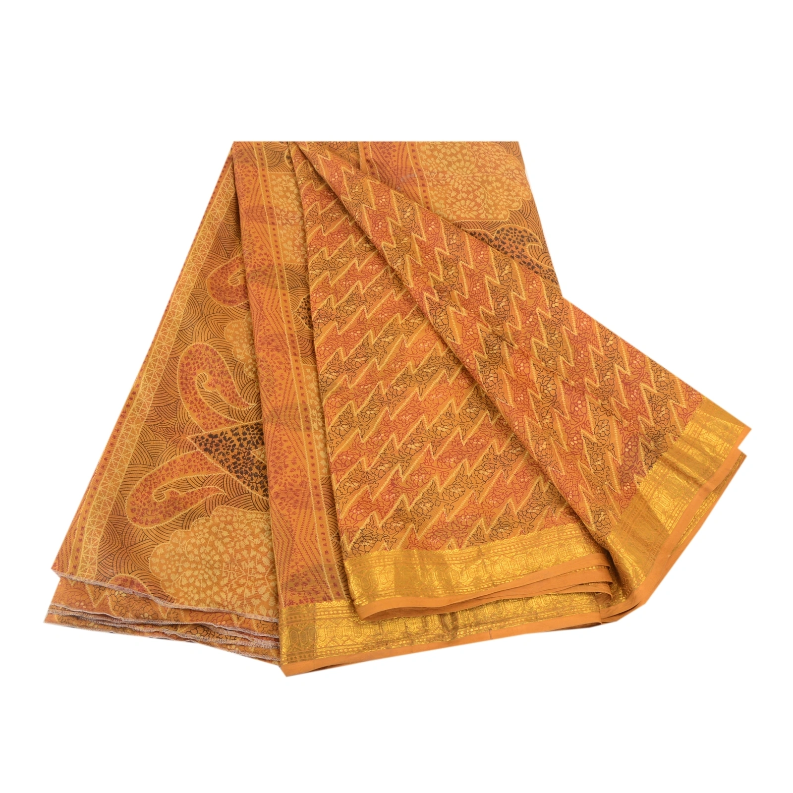 Sanskriti Vintage Mustard Indian Sarees 100% Pure Silk Printed Sari Craft Fabric, PR-58141-Mustard-100% Pure Silk-6