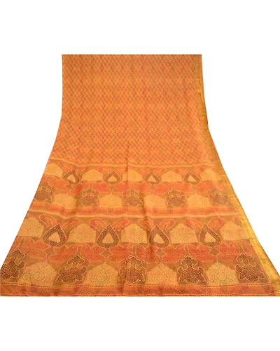Sanskriti Vintage Mustard Indian Sarees 100% Pure Silk Printed Sari Craft Fabric, PR-58141-Mustard-100% Pure Silk-7