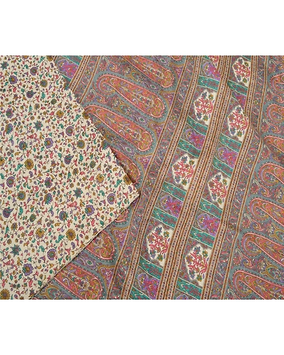 Sanskriti Vintage Ivory Indian Sarees Art Silk Printed Sari Soft Craft Fabric, PR-58148-Ivory-Printed Floral Design-Art Silk-2